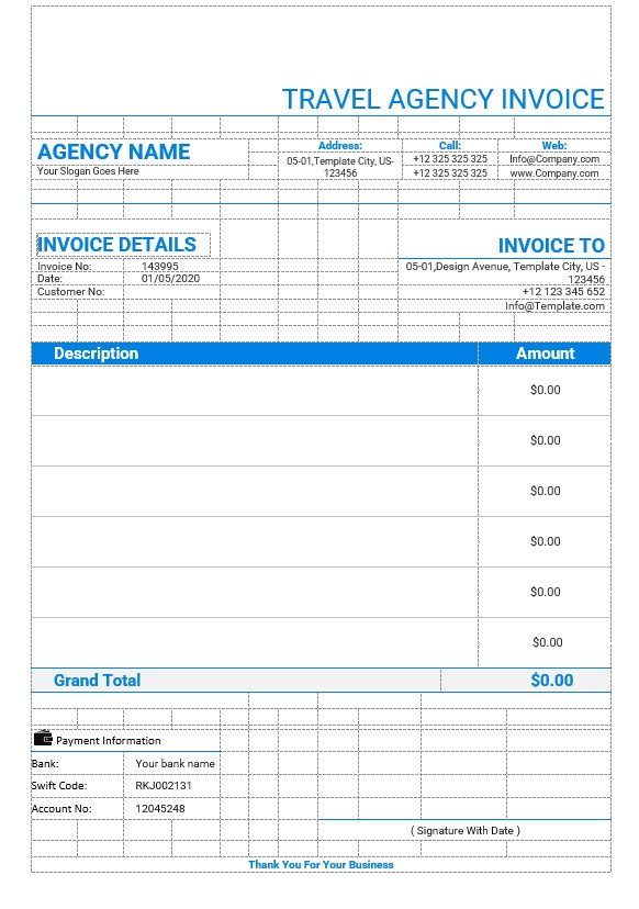 Editable Travel Agency Invoice Template PSD template